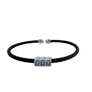 Black Cable Bracelet Braided Silver Rhinestone Charm Adjustable